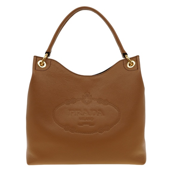 Prada Hobo Shoulder Bag Embossed Logo Caramel Leather 1BC051 New - Picture 2 of 7